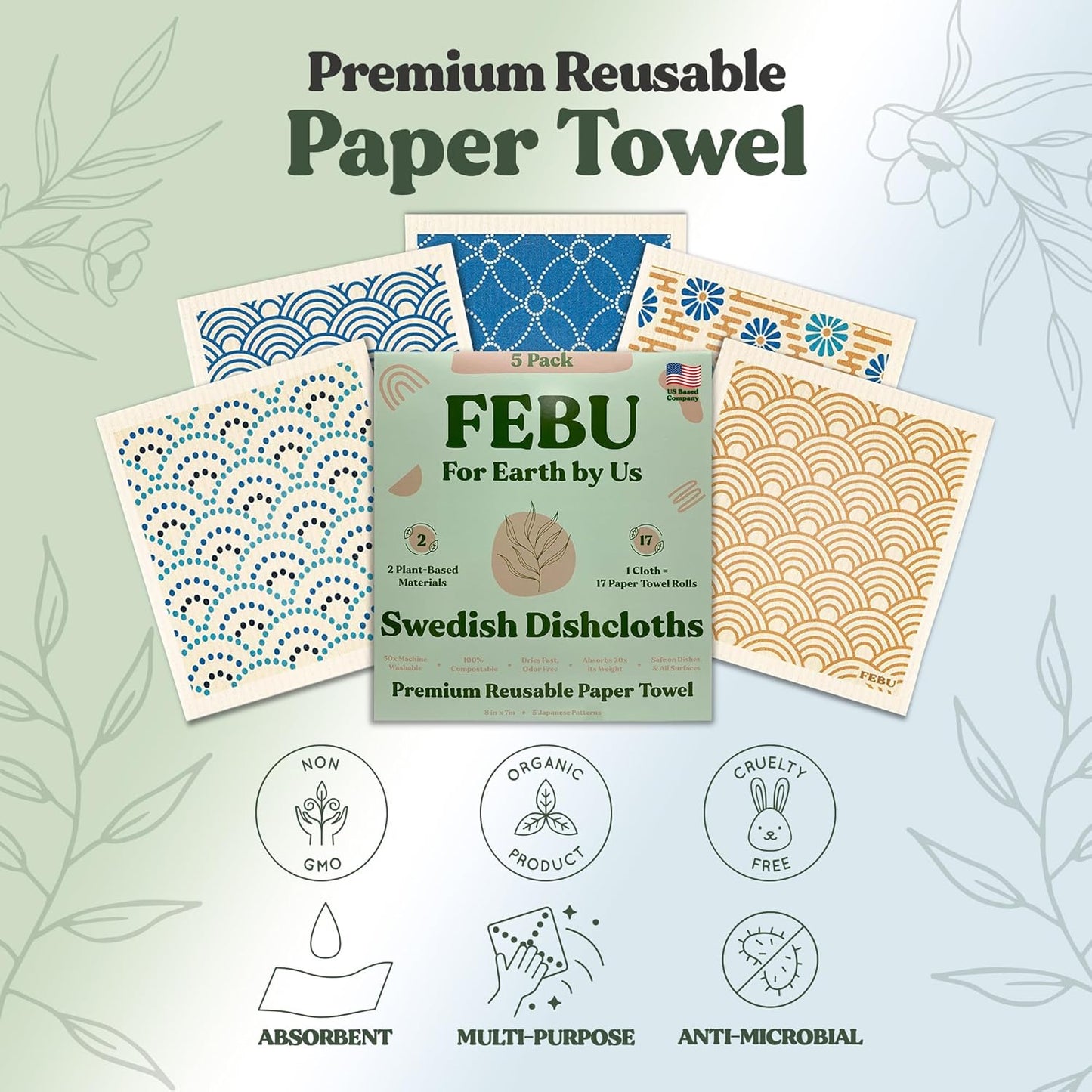 FEBU Swedish Dishcloths 5 Pack Cellulose Sponge Cloths