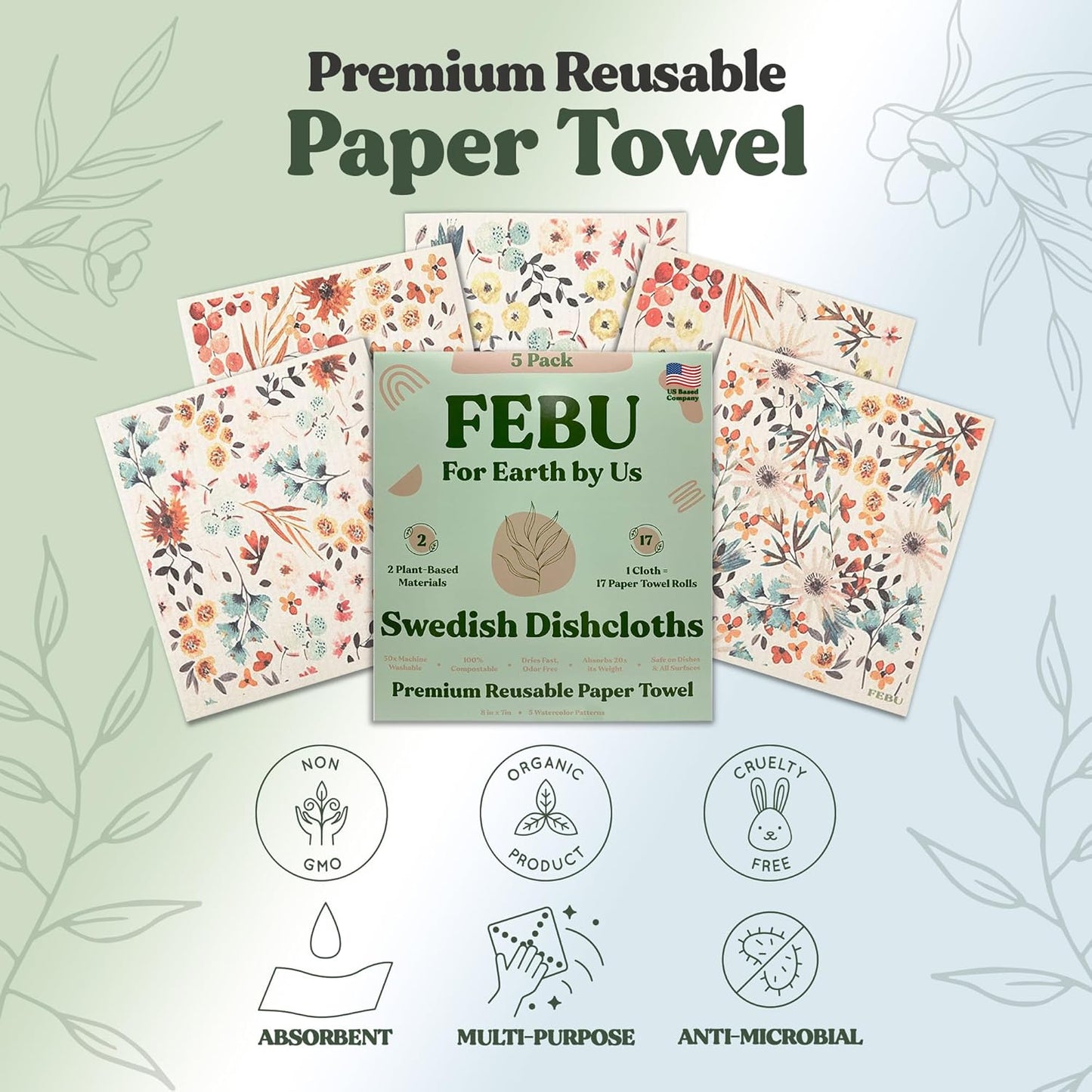 FEBU Swedish Dishcloths 5 Pack Cellulose Sponge Cloths