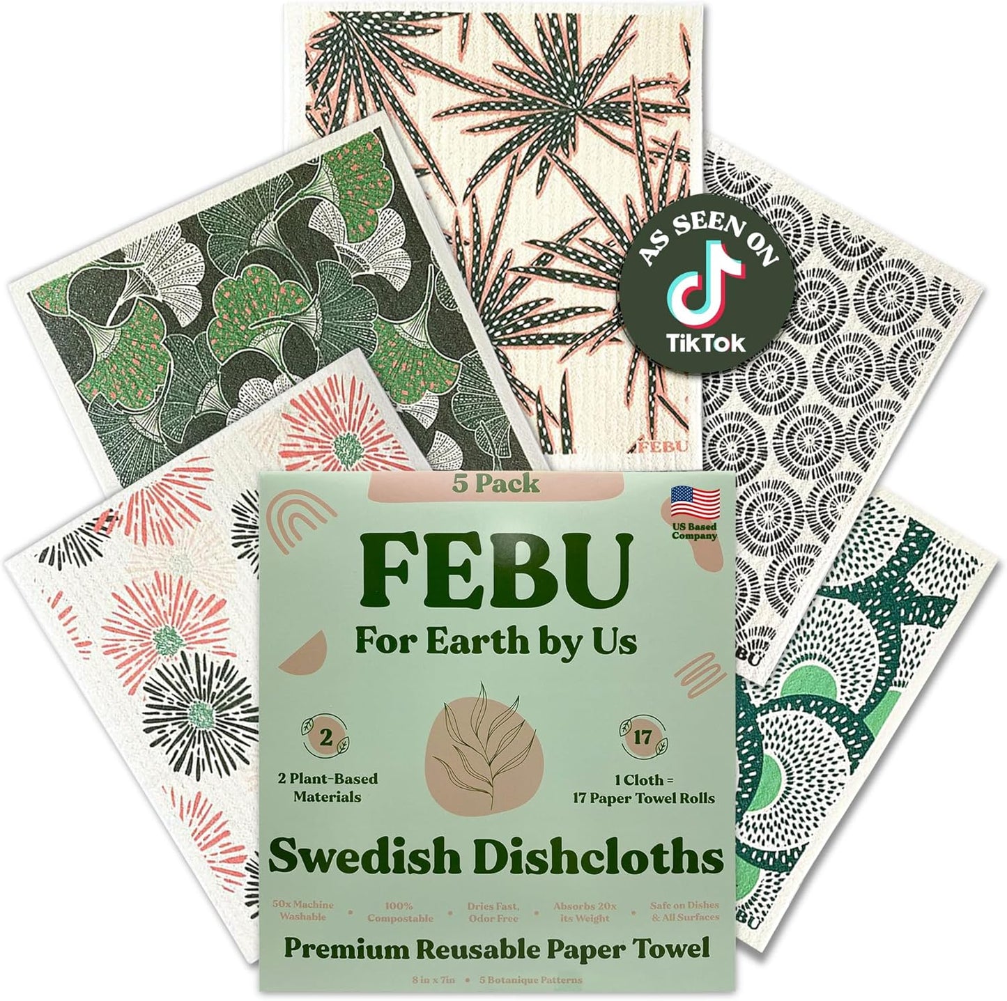 FEBU Swedish Dishcloths 5 Pack Cellulose Sponge Cloths