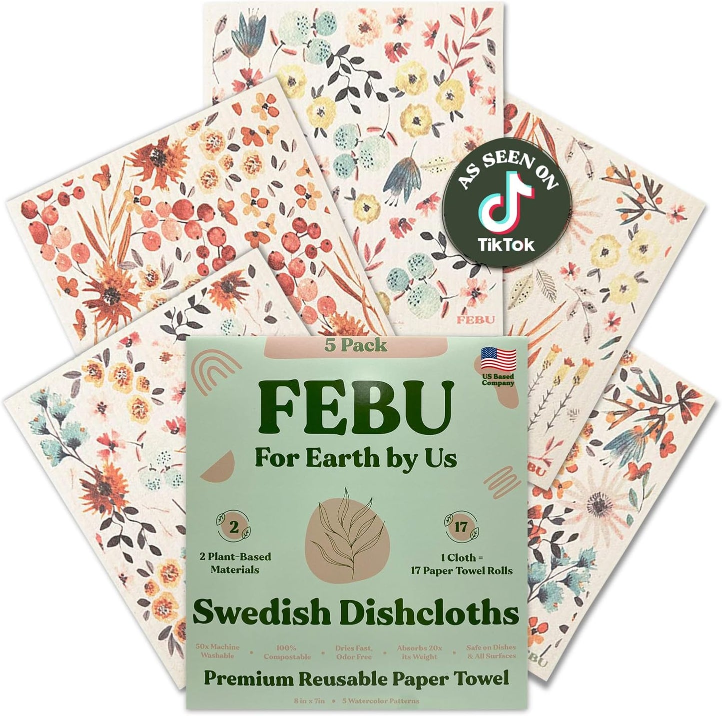 FEBU Swedish Dishcloths 5 Pack Cellulose Sponge Cloths