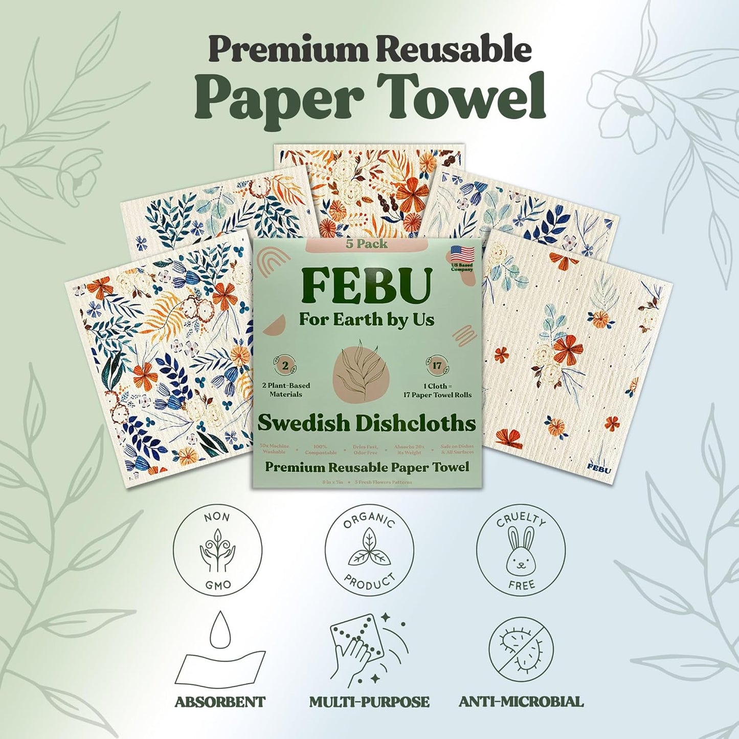 FEBU Swedish Dishcloths 5 Pack Cellulose Sponge Cloths