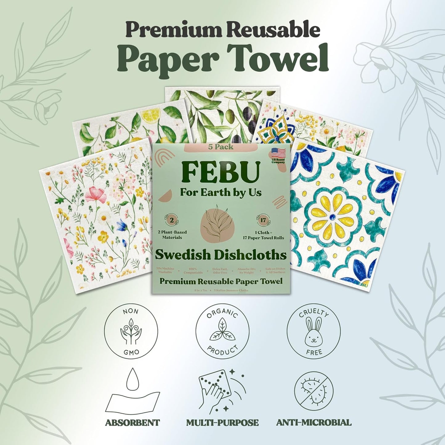 FEBU Swedish Dishcloths 5 Pack Cellulose Sponge Cloths