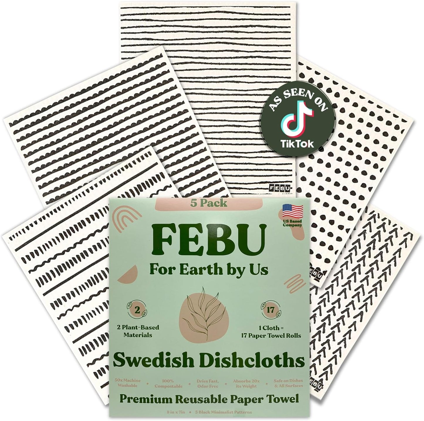FEBU Swedish Dishcloths 5 Pack Cellulose Sponge Cloths