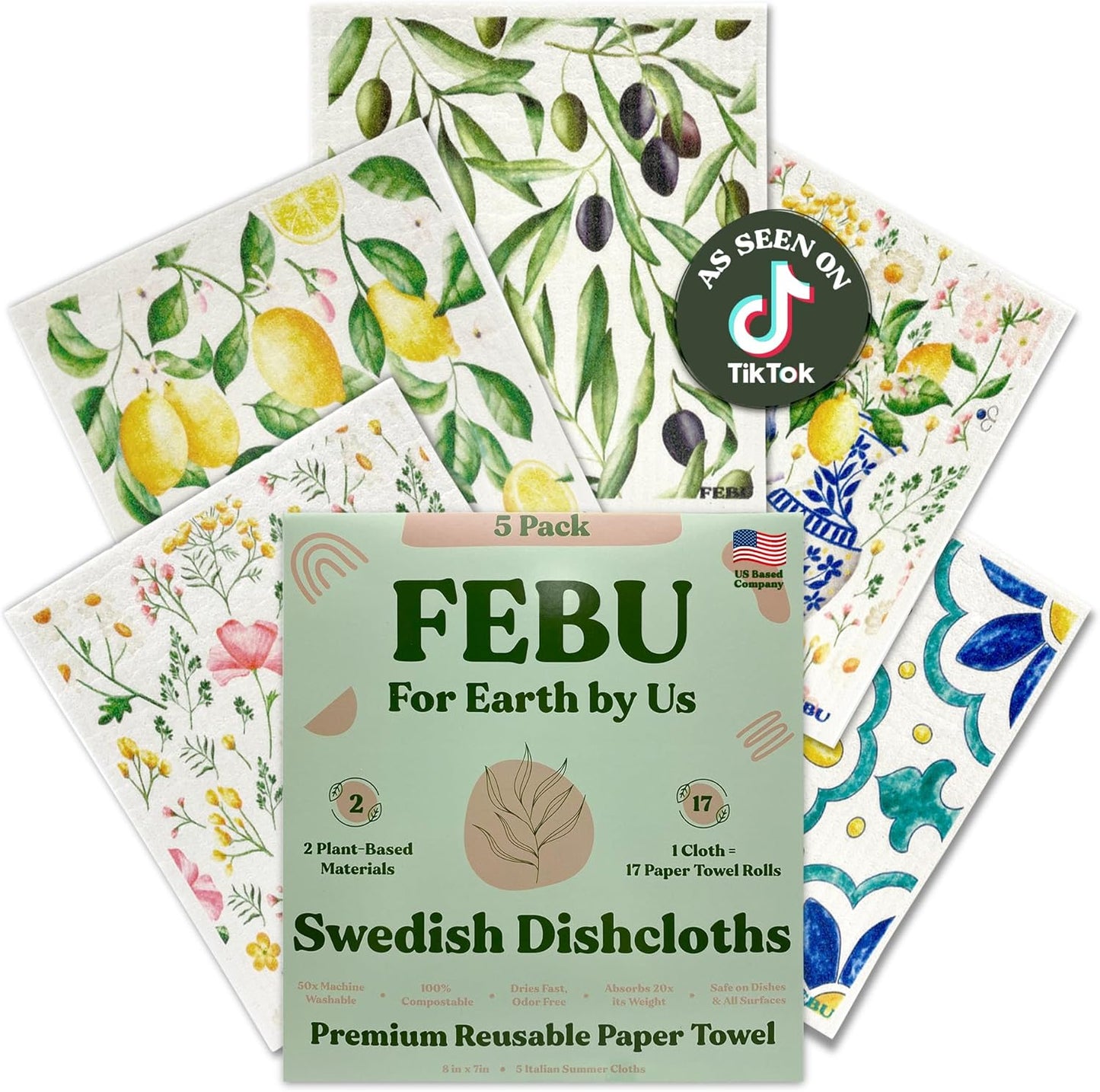 FEBU Swedish Dishcloths 5 Pack Cellulose Sponge Cloths