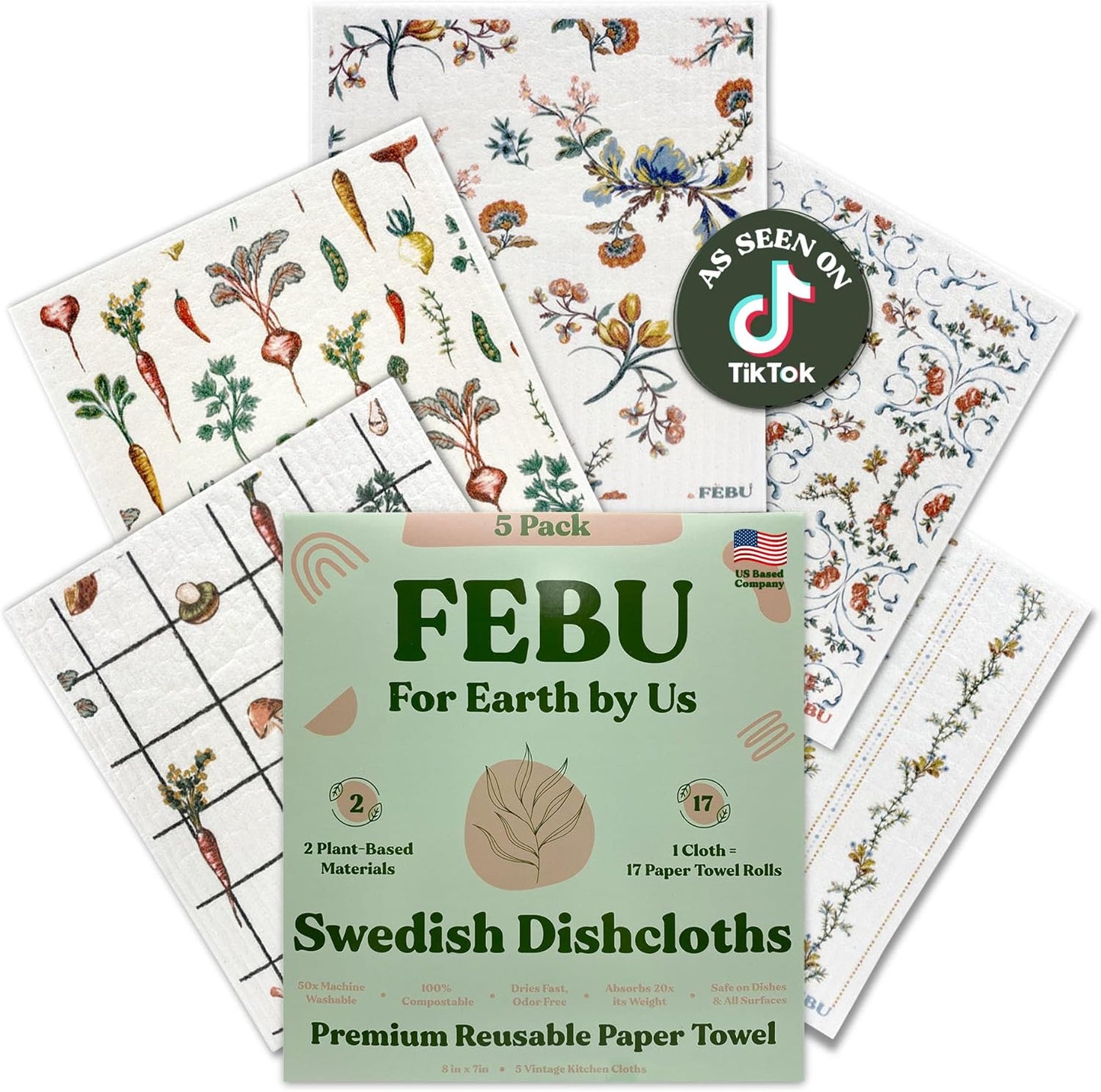 FEBU Swedish Dishcloths 5 Pack Cellulose Sponge Cloths