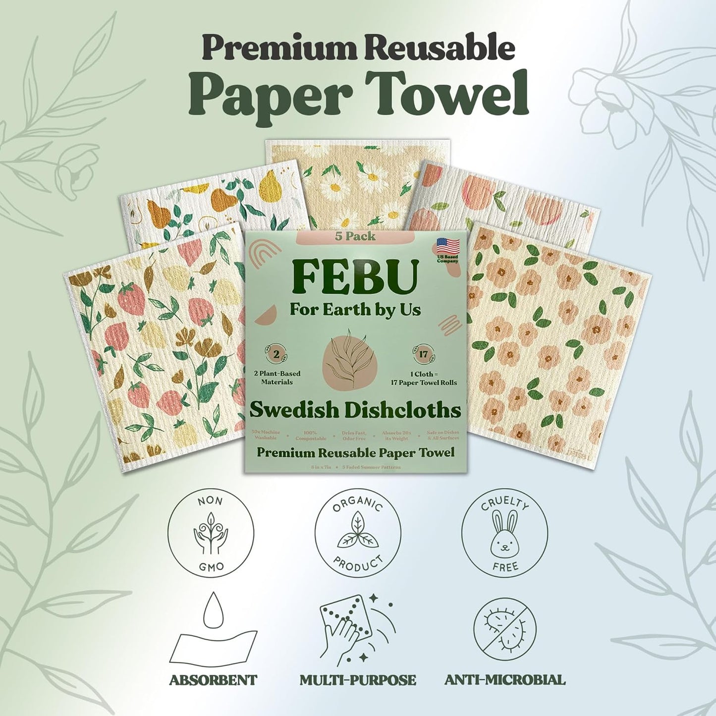 FEBU Swedish Dishcloths 5 Pack Cellulose Sponge Cloths