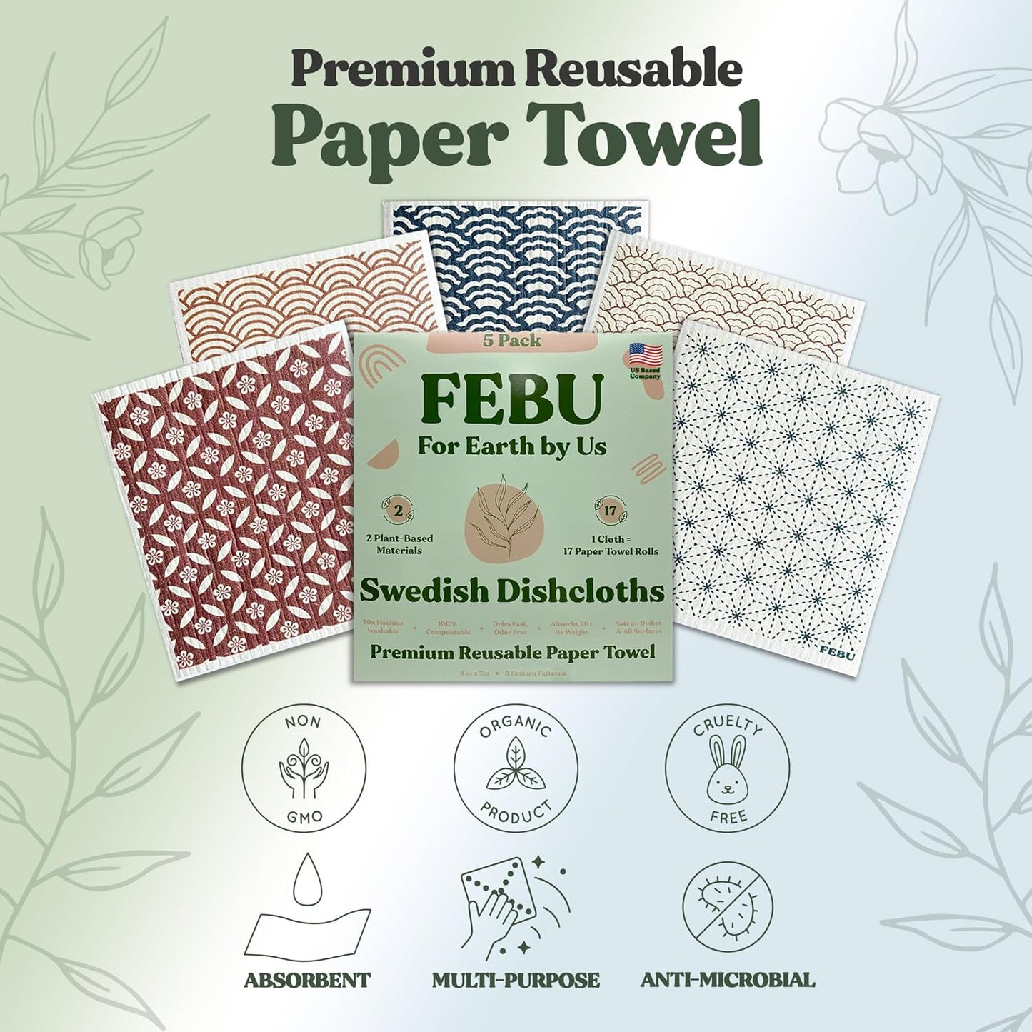 FEBU Swedish Dishcloths 5 Pack Cellulose Sponge Cloths