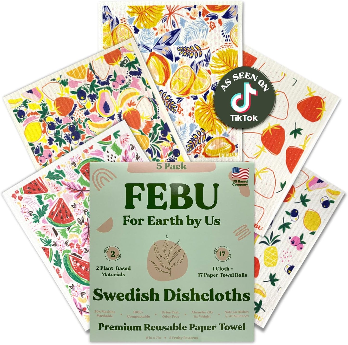 FEBU Swedish Dishcloths 5 Pack Cellulose Sponge Cloths