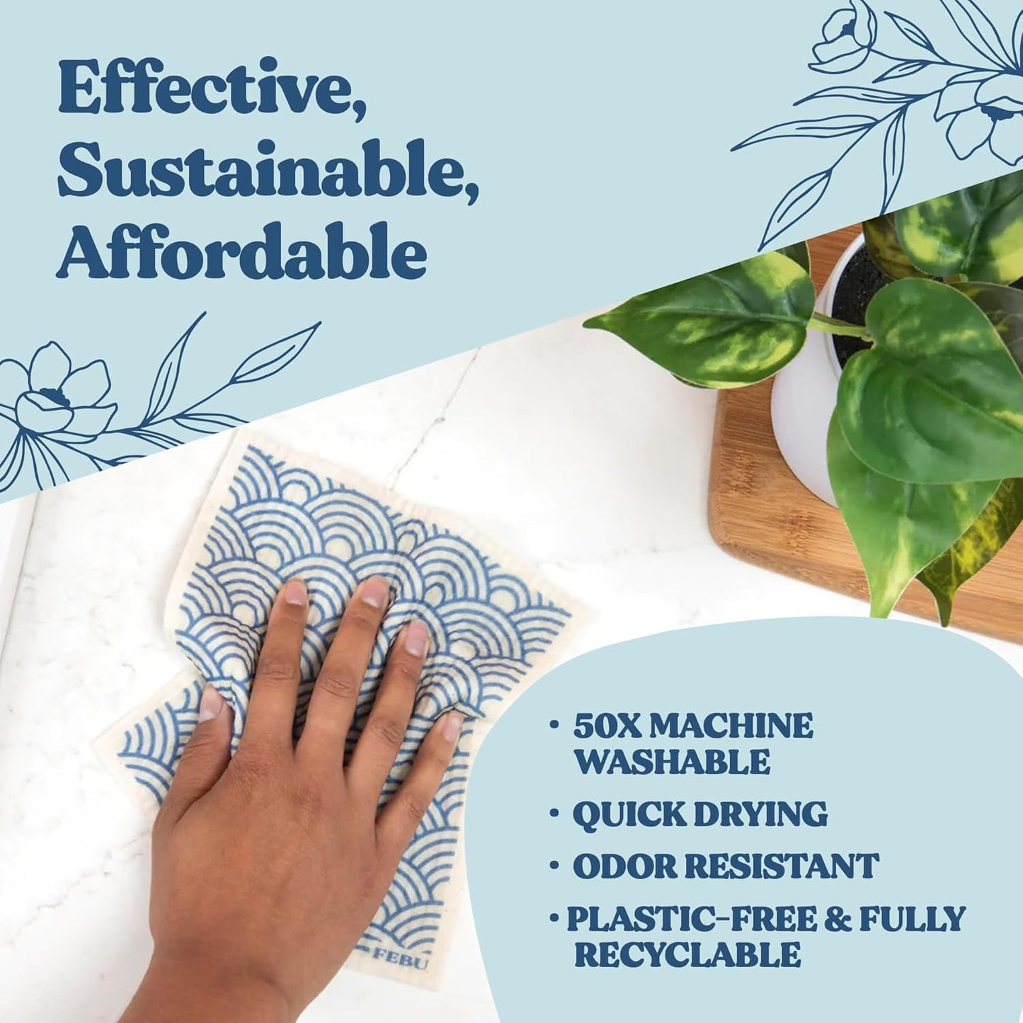 FEBU Swedish Dishcloths 5 Pack Cellulose Sponge Cloths