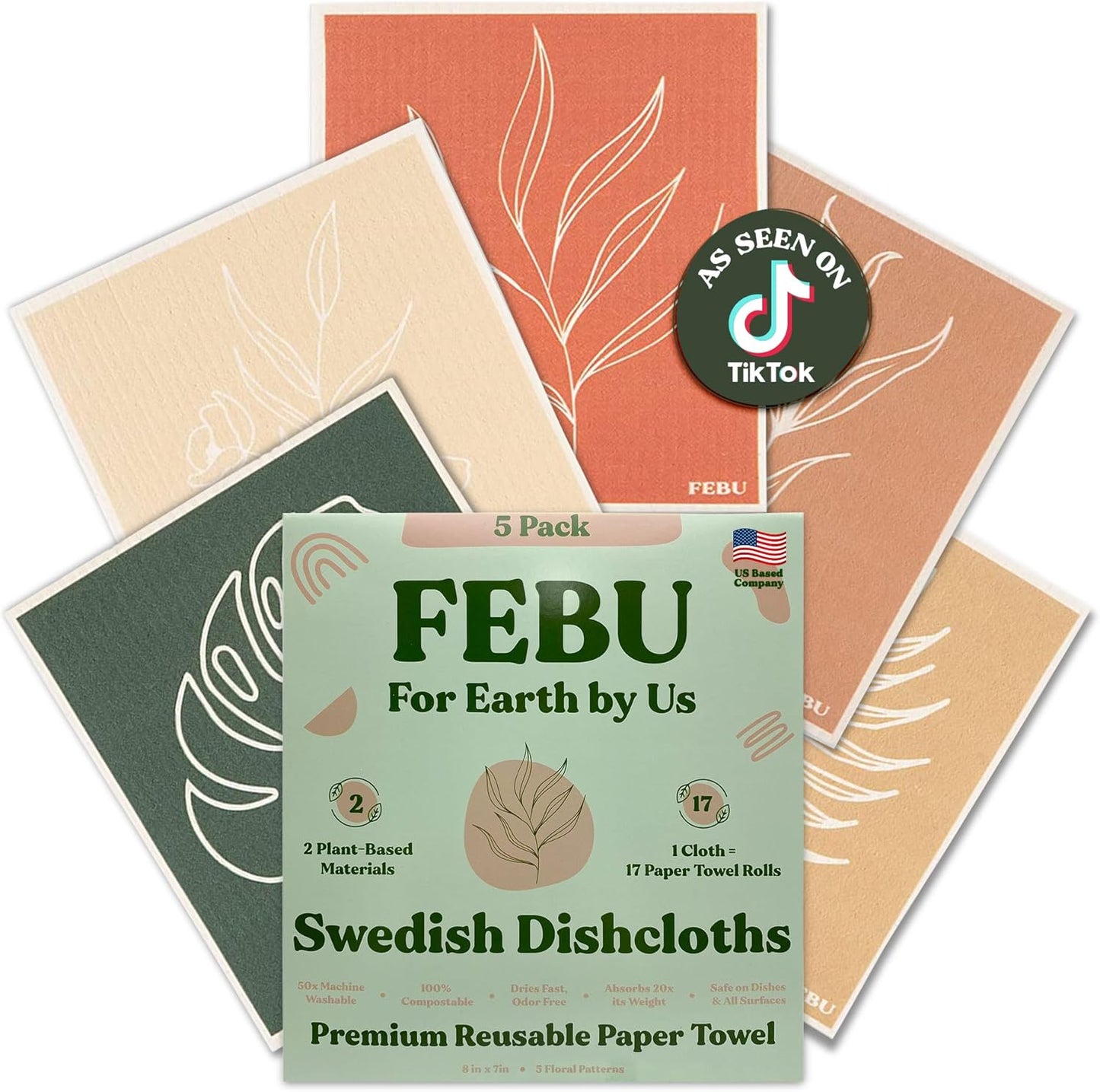 FEBU Swedish Dishcloths 5 Pack Cellulose Sponge Cloths