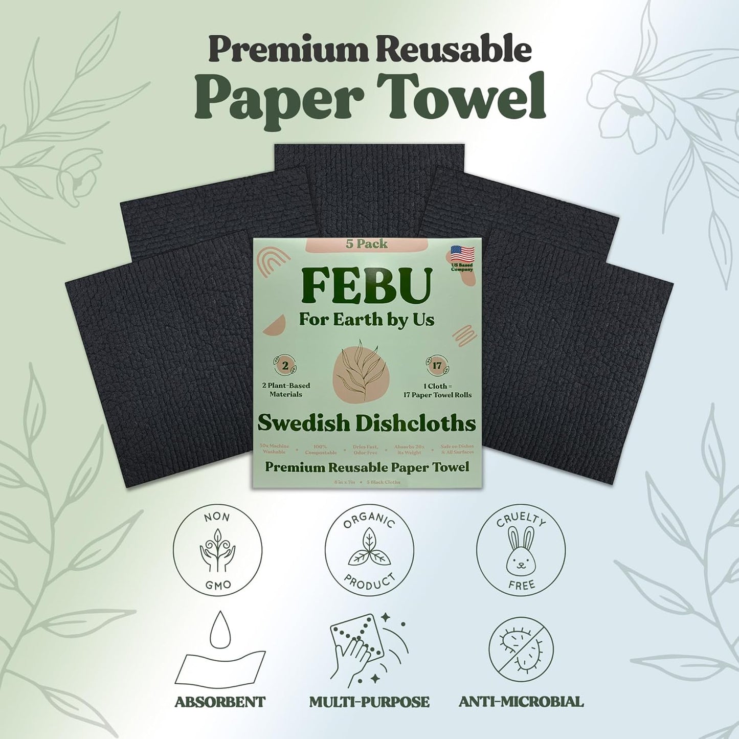 FEBU Swedish Dishcloths 5 Pack Cellulose Sponge Cloths