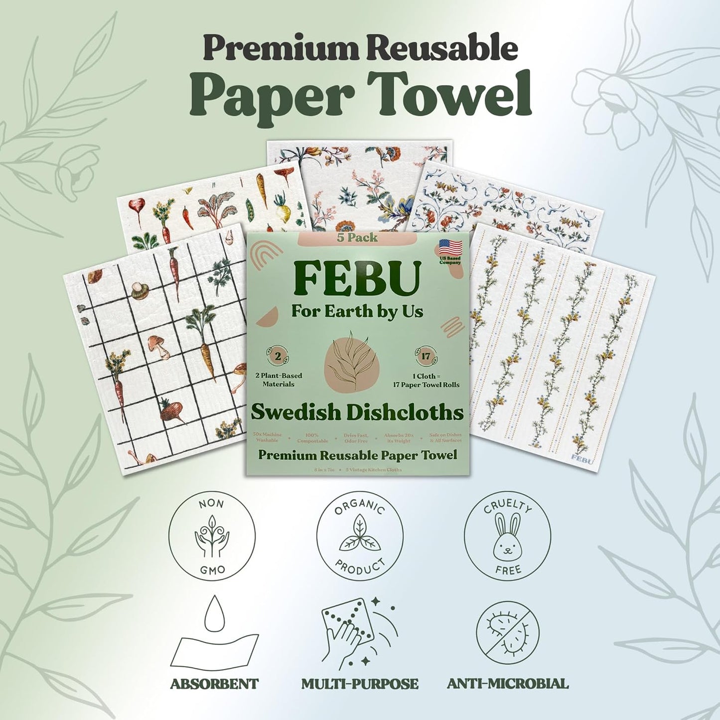 FEBU Swedish Dishcloths 5 Pack Cellulose Sponge Cloths