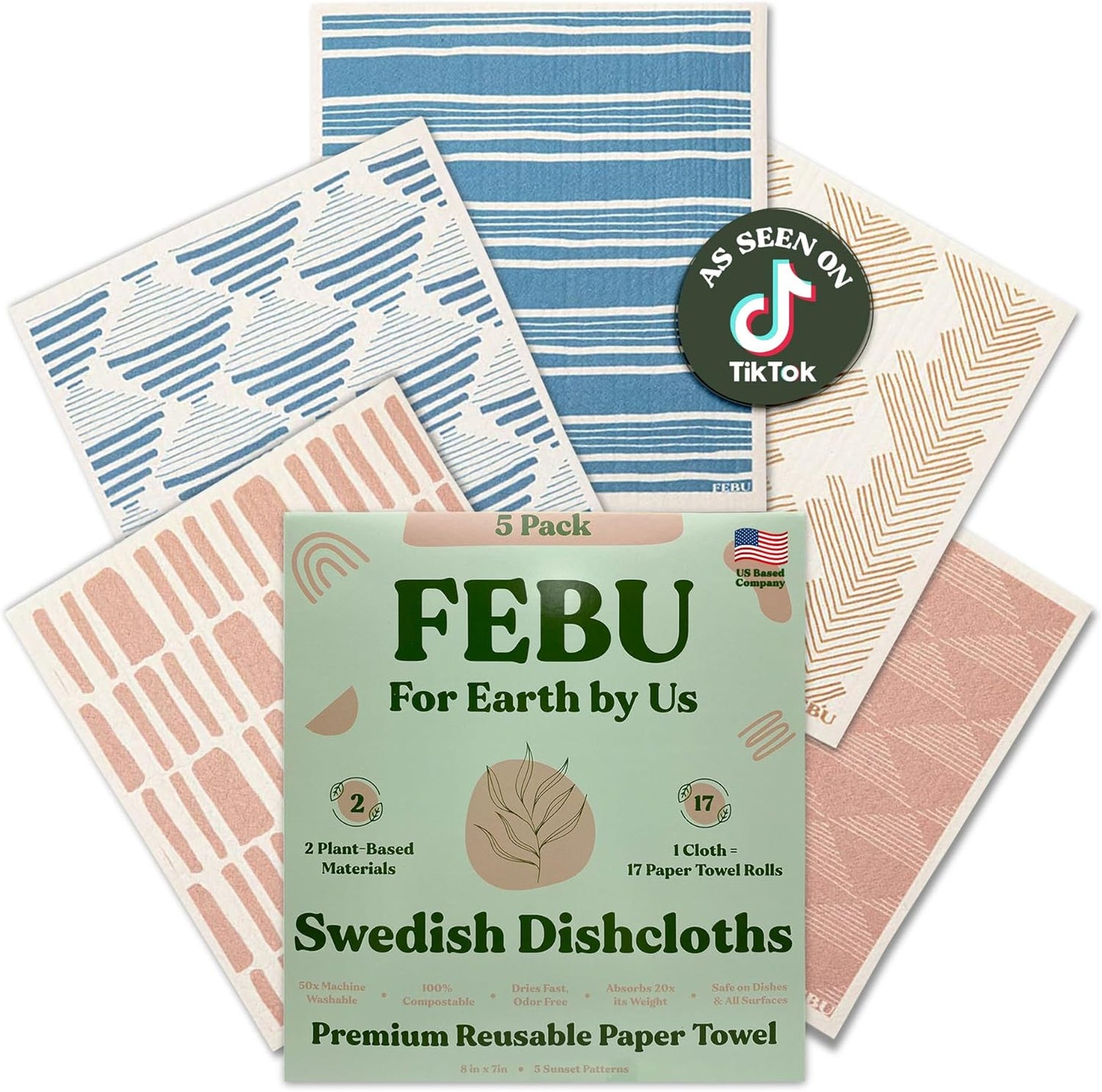 FEBU Swedish Dishcloths 5 Pack Cellulose Sponge Cloths