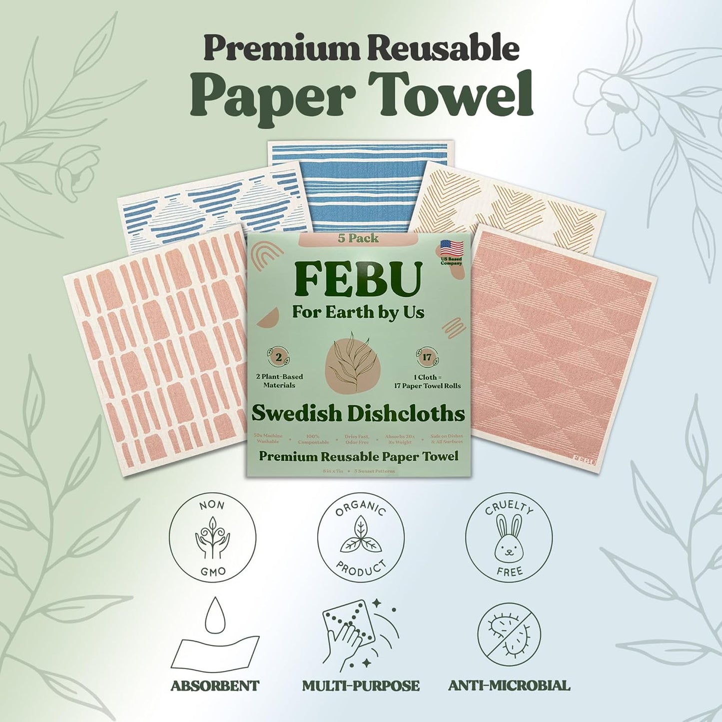 FEBU Swedish Dishcloths 5 Pack Cellulose Sponge Cloths