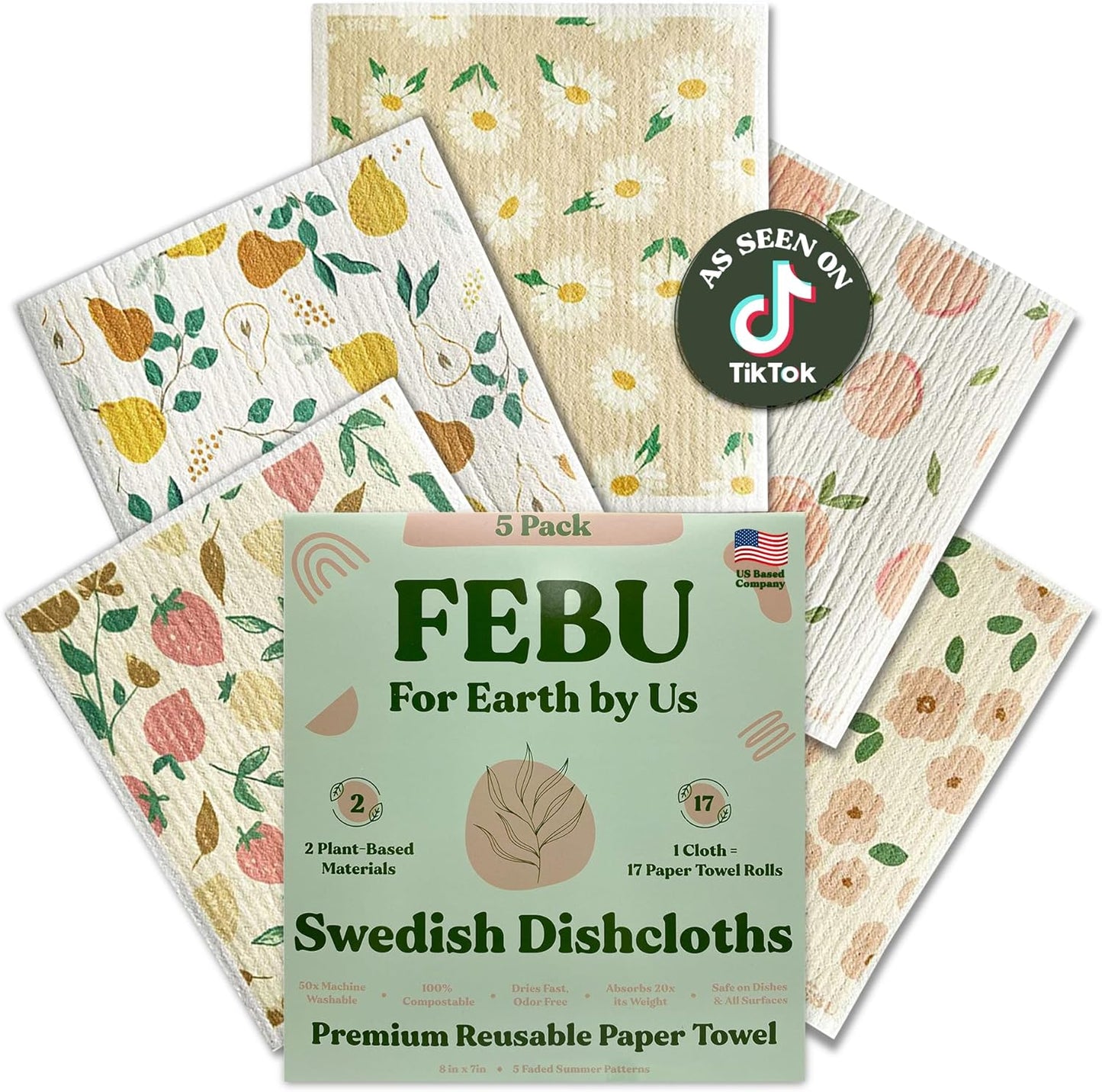 FEBU Swedish Dishcloths 5 Pack Cellulose Sponge Cloths