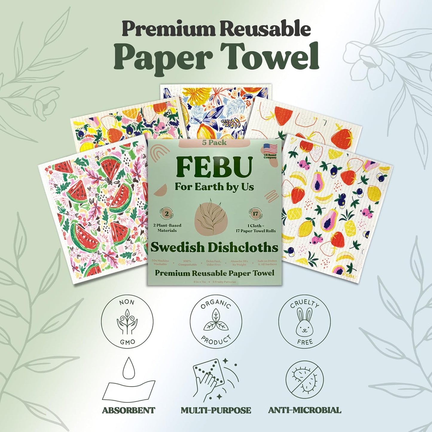 FEBU Swedish Dishcloths 5 Pack Cellulose Sponge Cloths