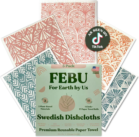 FEBU Swedish Dishcloths 5 Pack Cellulose Sponge Cloths