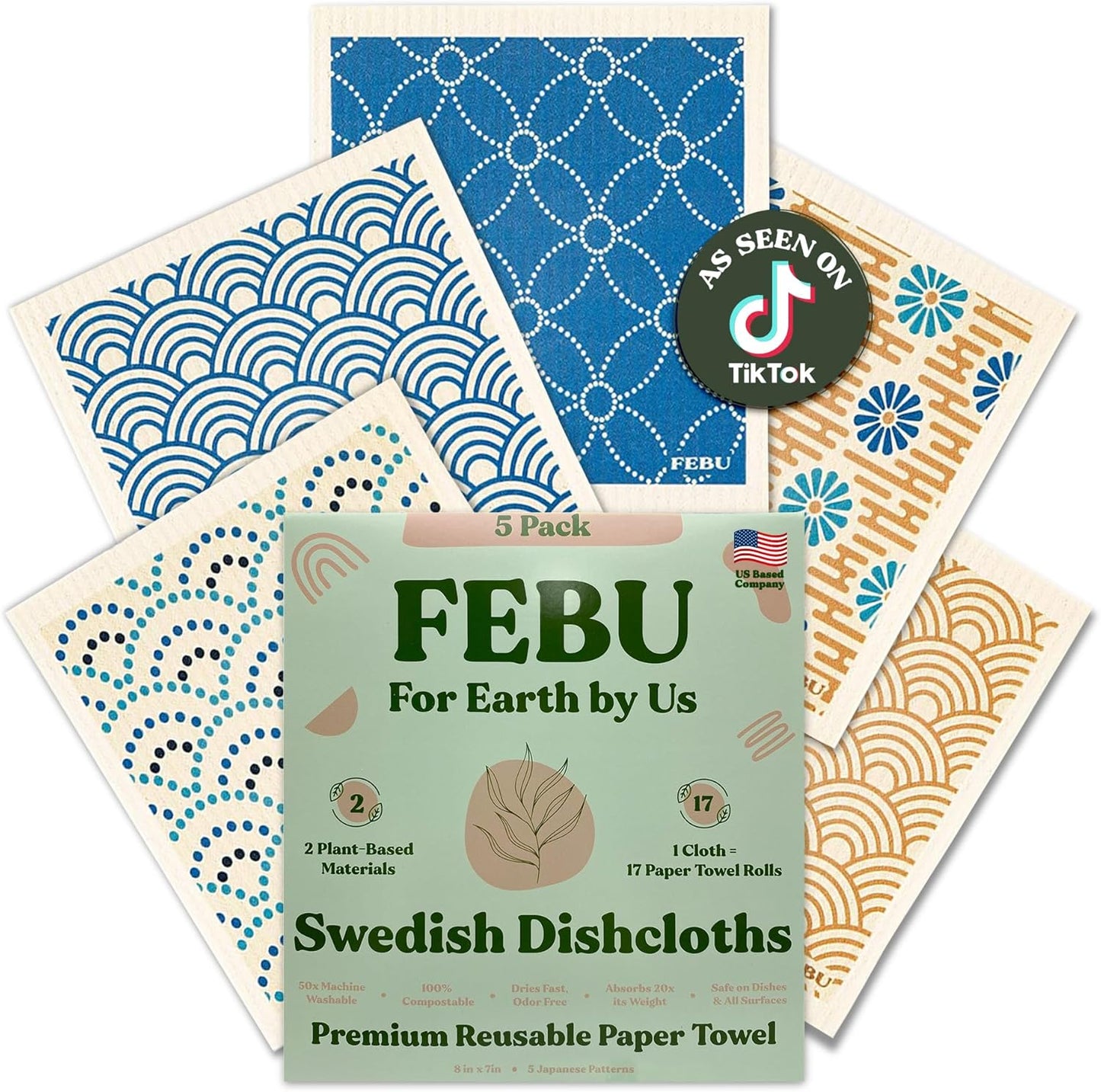 FEBU Swedish Dishcloths 5 Pack Cellulose Sponge Cloths