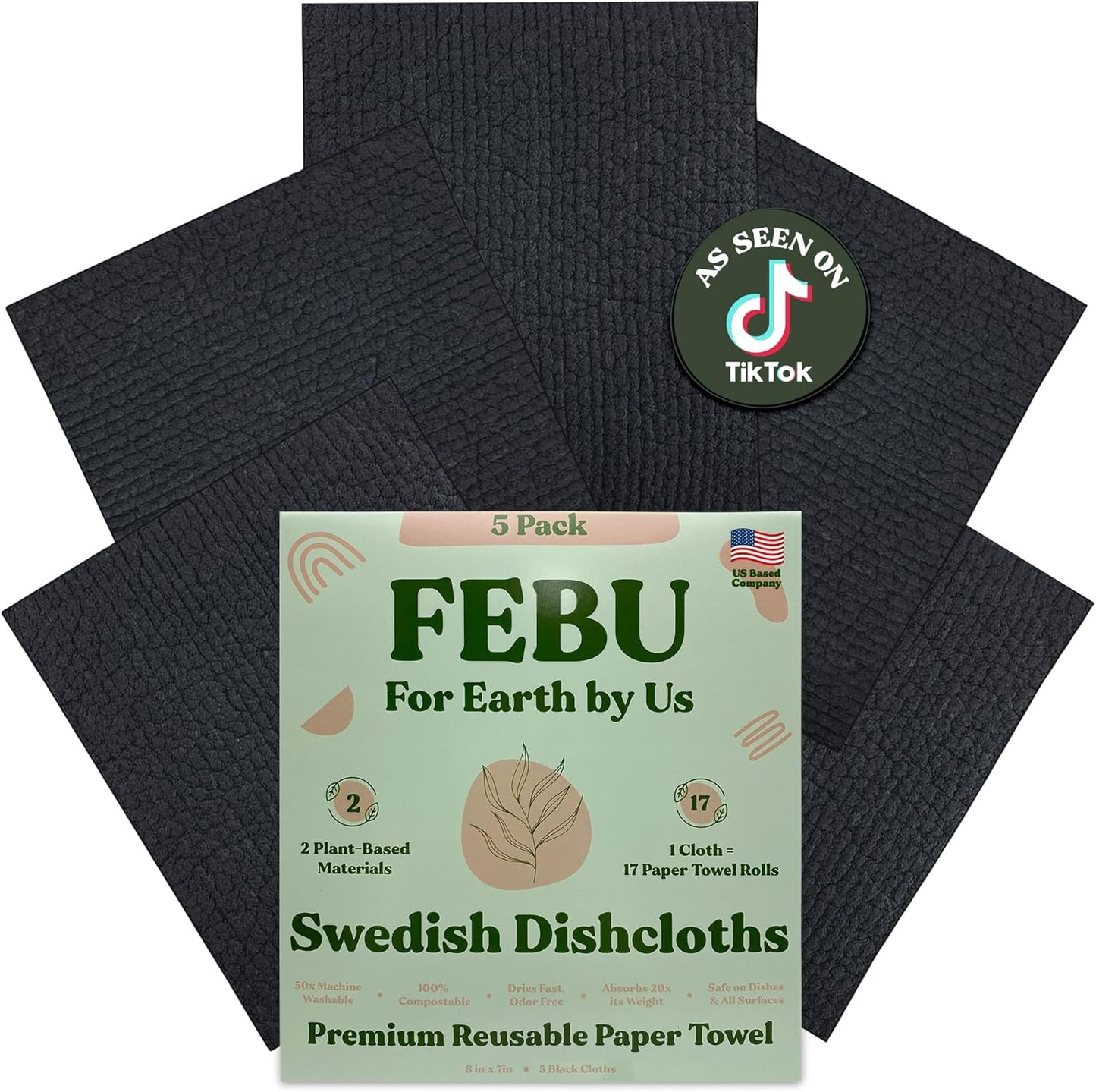 FEBU Swedish Dishcloths 5 Pack Cellulose Sponge Cloths