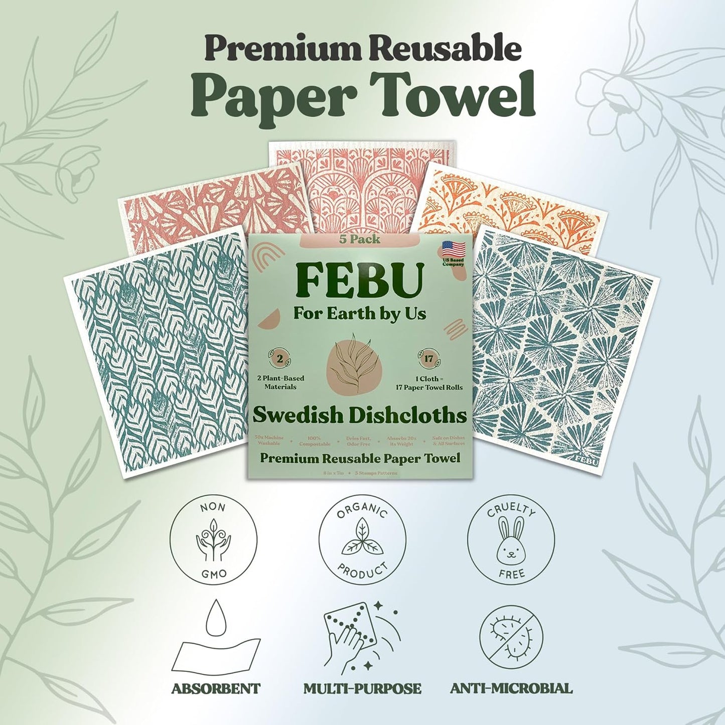 FEBU Swedish Dishcloths 5 Pack Cellulose Sponge Cloths