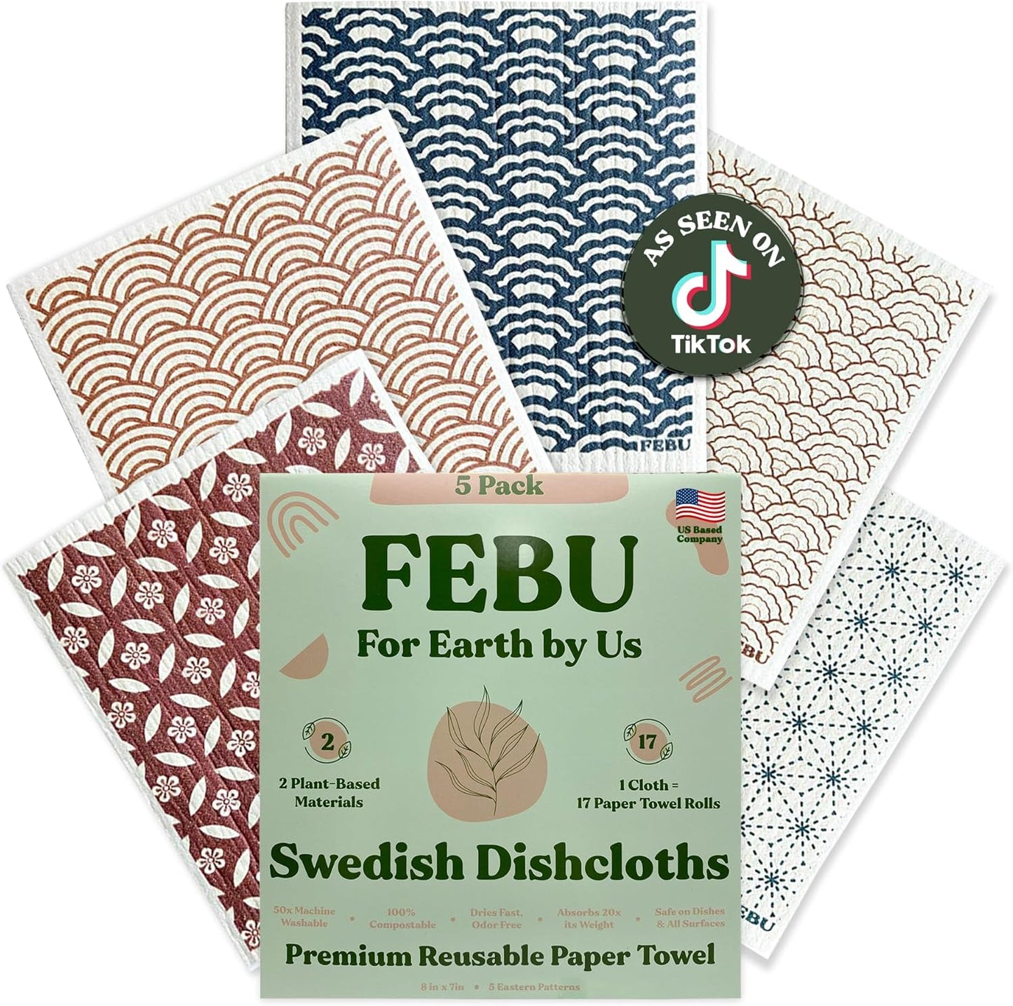 FEBU Swedish Dishcloths 5 Pack Cellulose Sponge Cloths