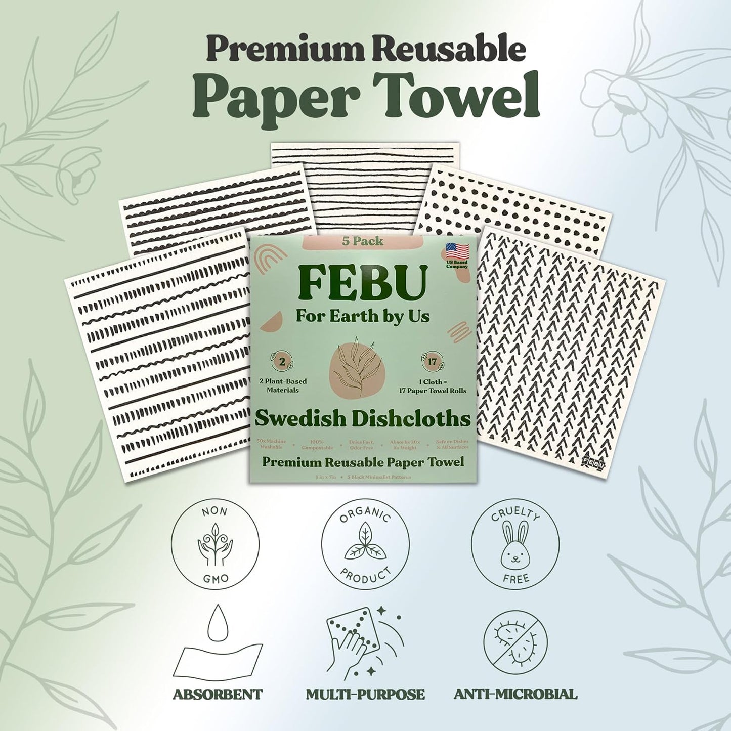 FEBU Swedish Dishcloths 5 Pack Cellulose Sponge Cloths