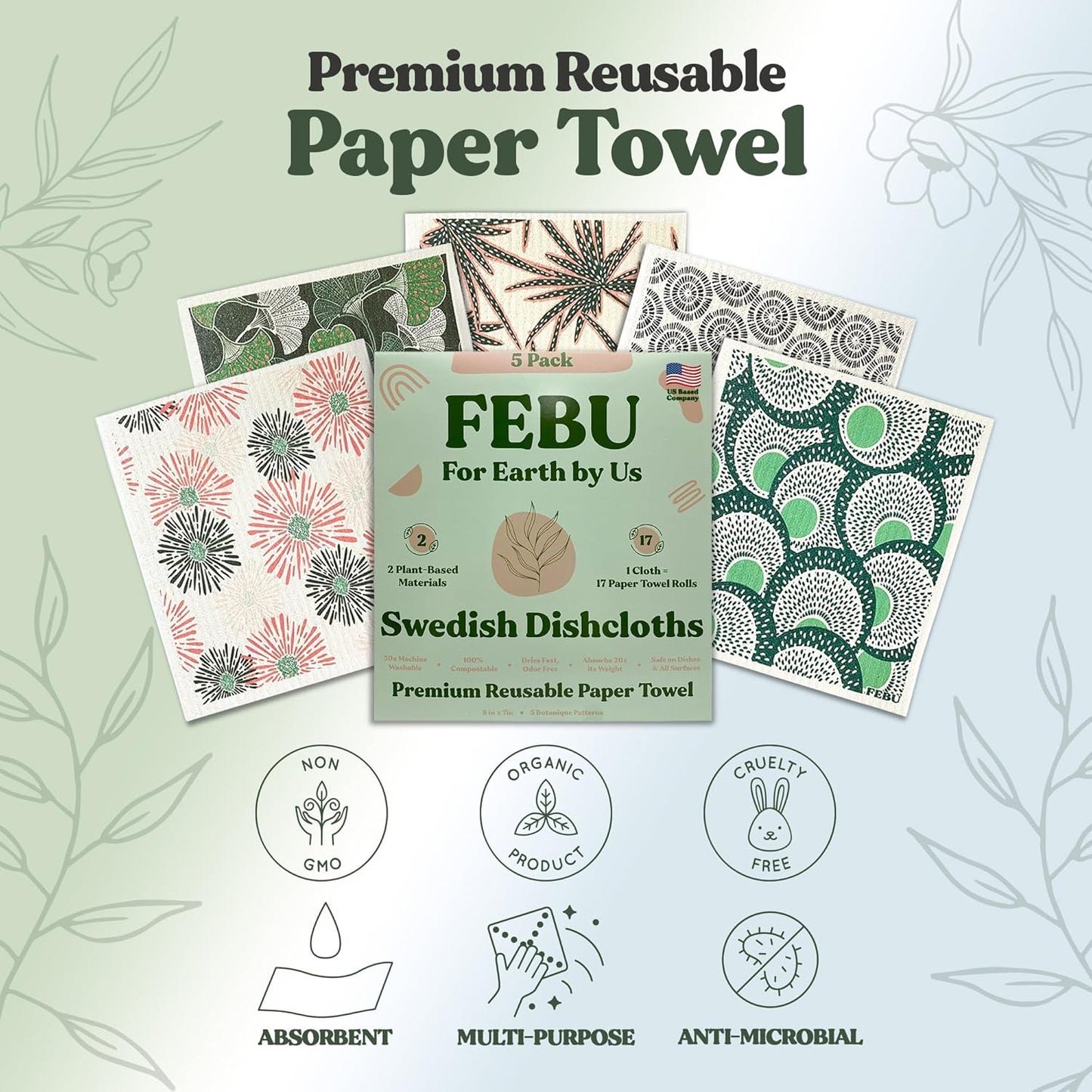 FEBU Swedish Dishcloths 5 Pack Cellulose Sponge Cloths