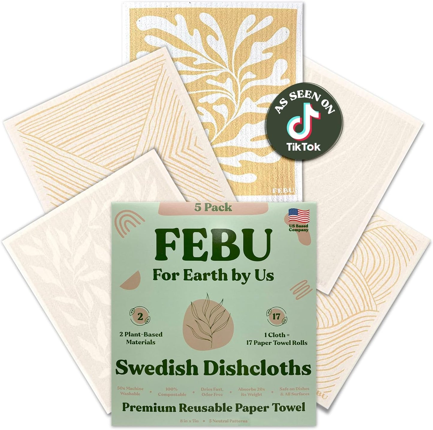 FEBU Swedish Dishcloths 5 Pack Cellulose Sponge Cloths