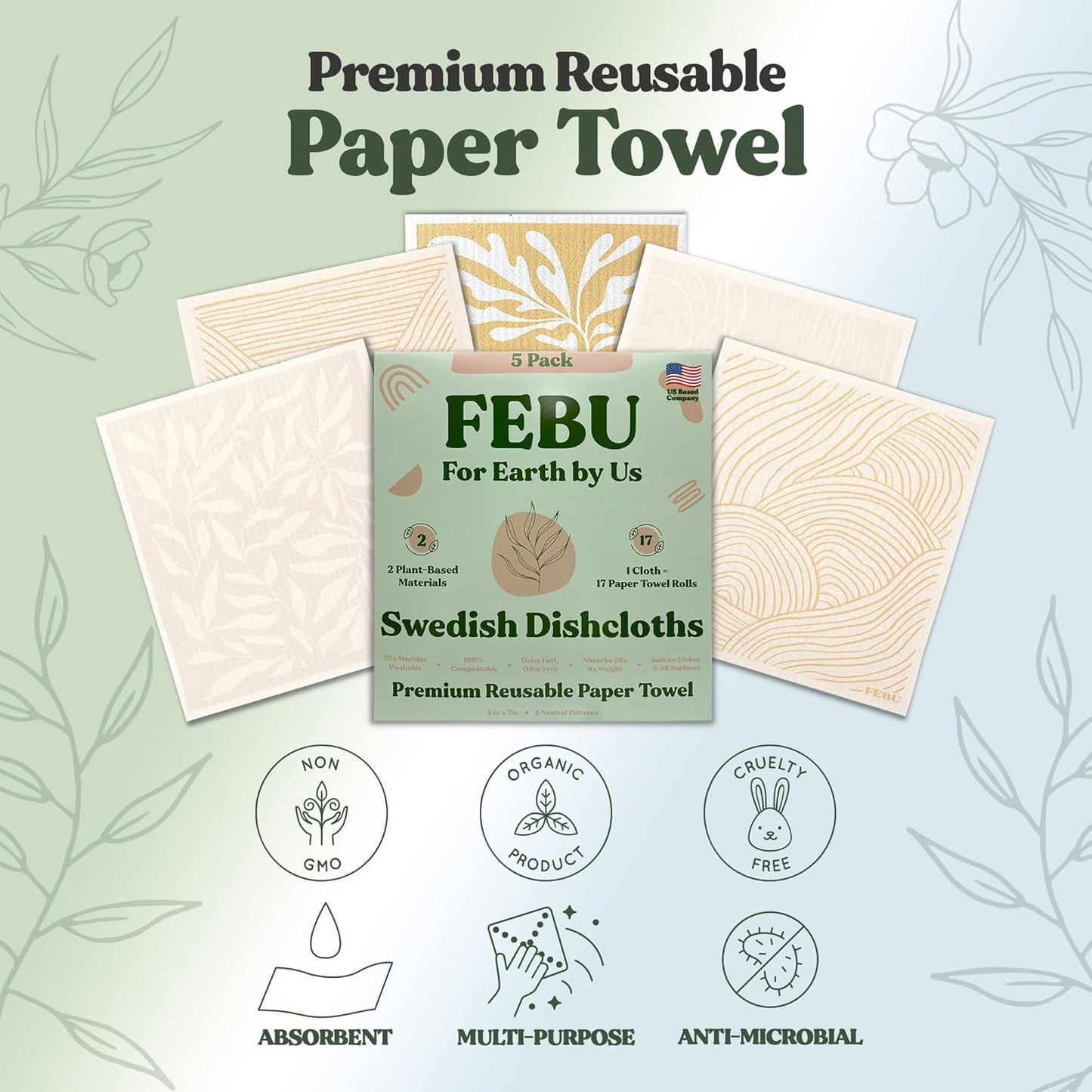 FEBU Swedish Dishcloths 5 Pack Cellulose Sponge Cloths
