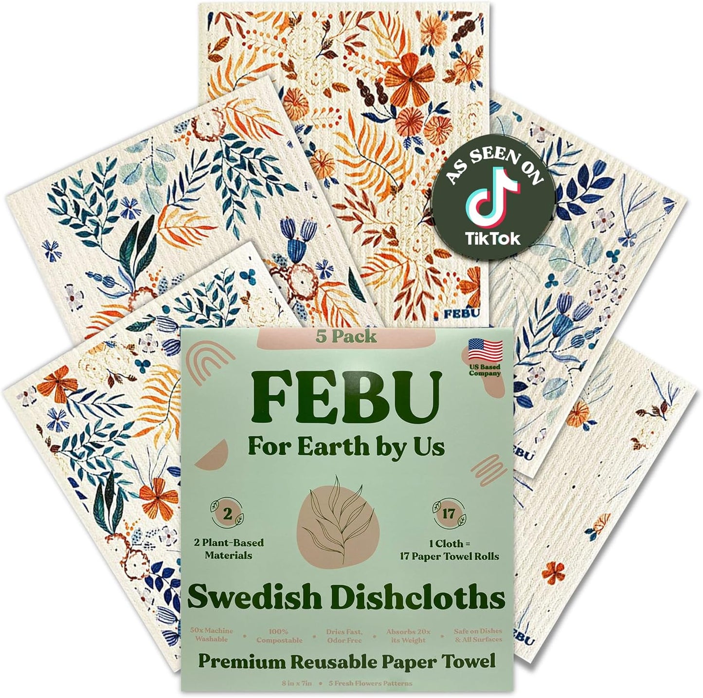 FEBU Swedish Dishcloths 5 Pack Cellulose Sponge Cloths