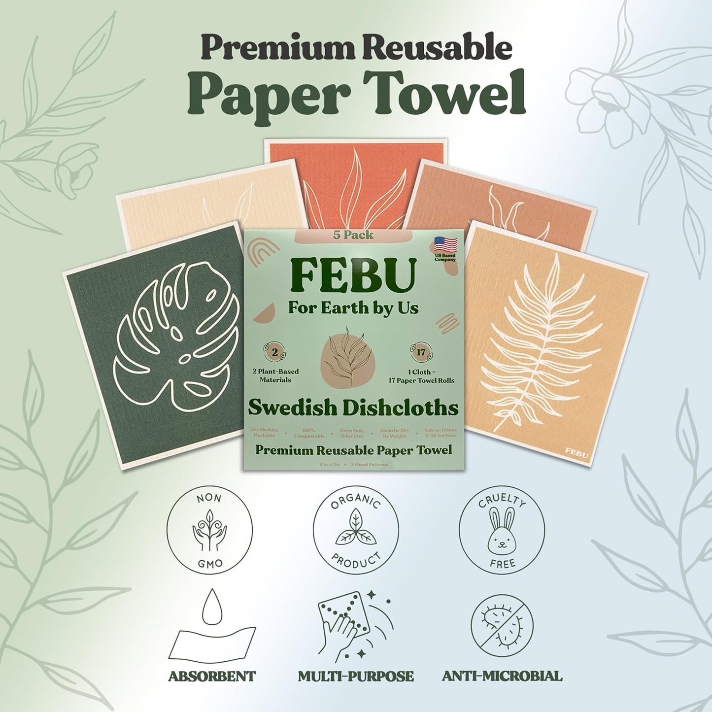 FEBU Swedish Dishcloths 5 Pack Cellulose Sponge Cloths